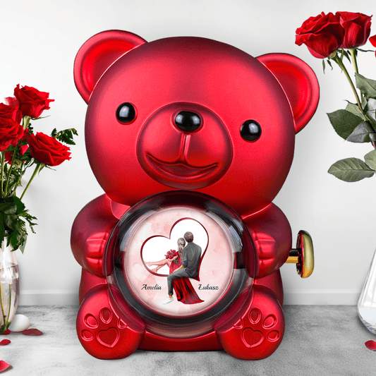 Romantyczny Clipart - Miś z różą wieczną i wydrukiem, spersonalizowany prezent dla niej - idamell.com