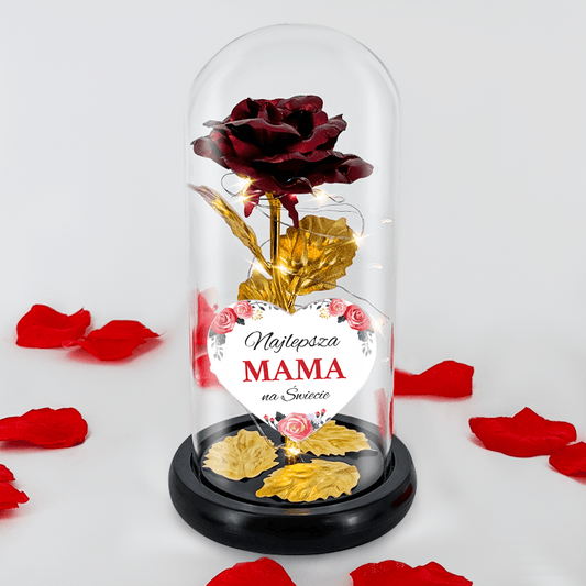 Róża wieczna LED w szkle + spersonalizowane serce NAJLEPSZA MAMA - idamell.com