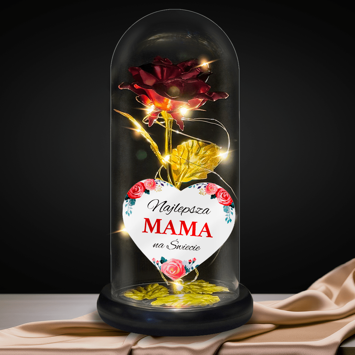 Róża wieczna LED w szkle + spersonalizowane serce NAJLEPSZA MAMA - idamell.com