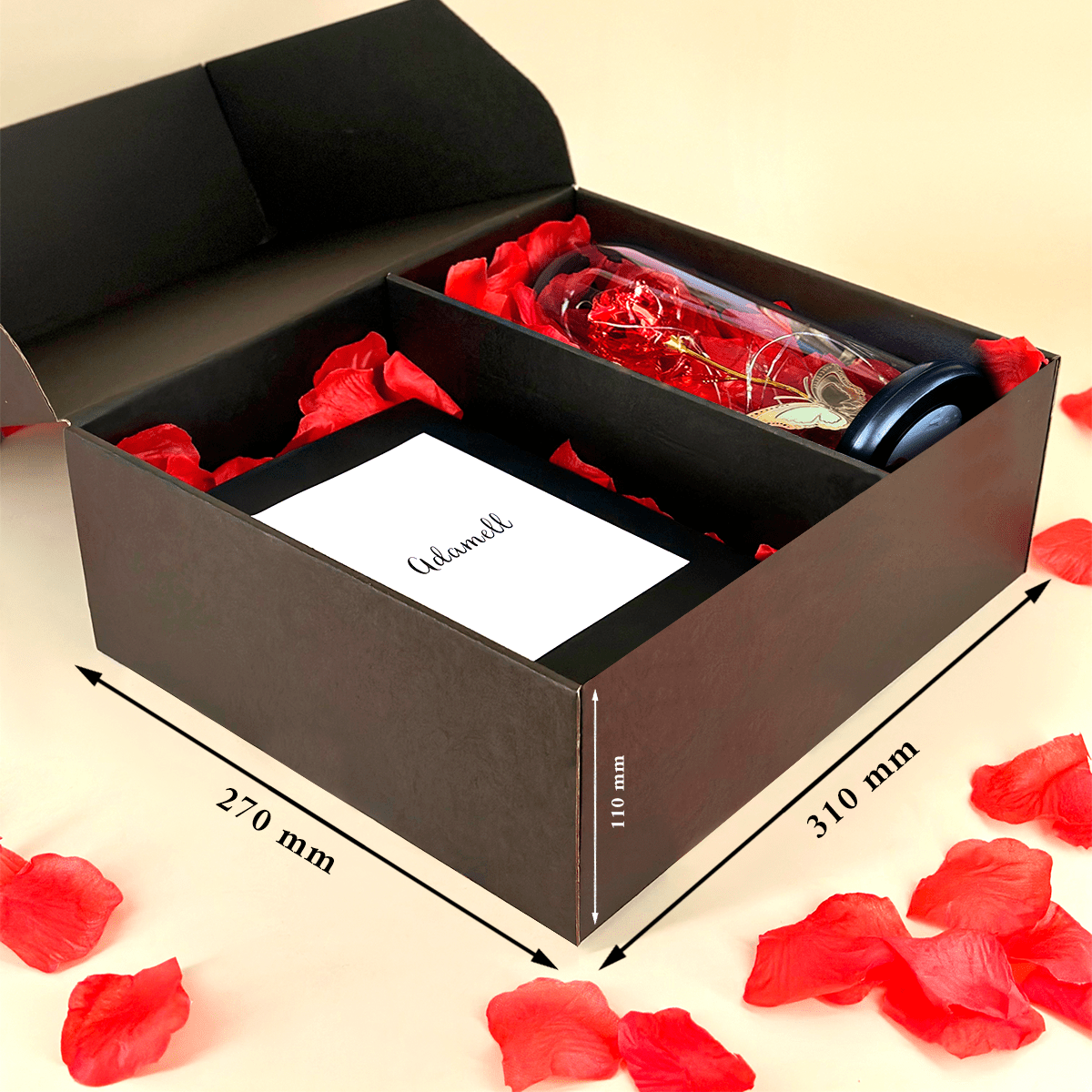 Róża wieczna z motylem + druk na szkle PARA box 2 w 1 - zestaw prezentowy, spersonalizowany prezent dla niej - idamell.com