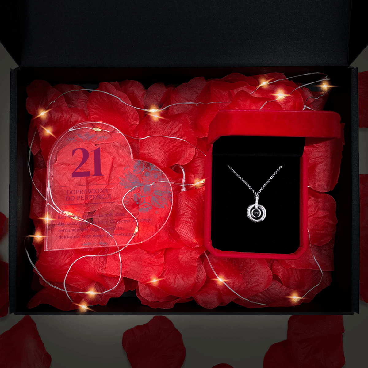 Serce akrylowe 21 doprawiona do perfekcji+ wisiorek Box 2 w 1 - zestaw prezentowy, spersonalizowany prezent dla pary - idamell.com