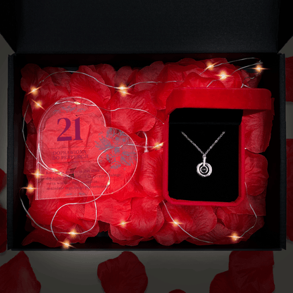 Serce akrylowe 21 doprawiona do perfekcji+ wisiorek Box 2 w 1 - zestaw prezentowy, spersonalizowany prezent dla pary - idamell.com