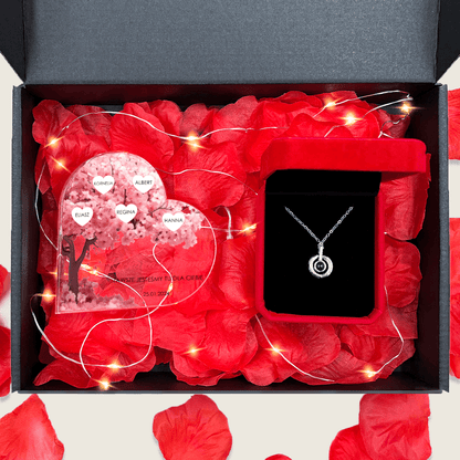 Serce akrylowe DRZEWO Z IMIONAMI + wisiorek Box 2 w 1 - zestaw prezentowy, spersonalizowany prezent dla mamy - idamell.com