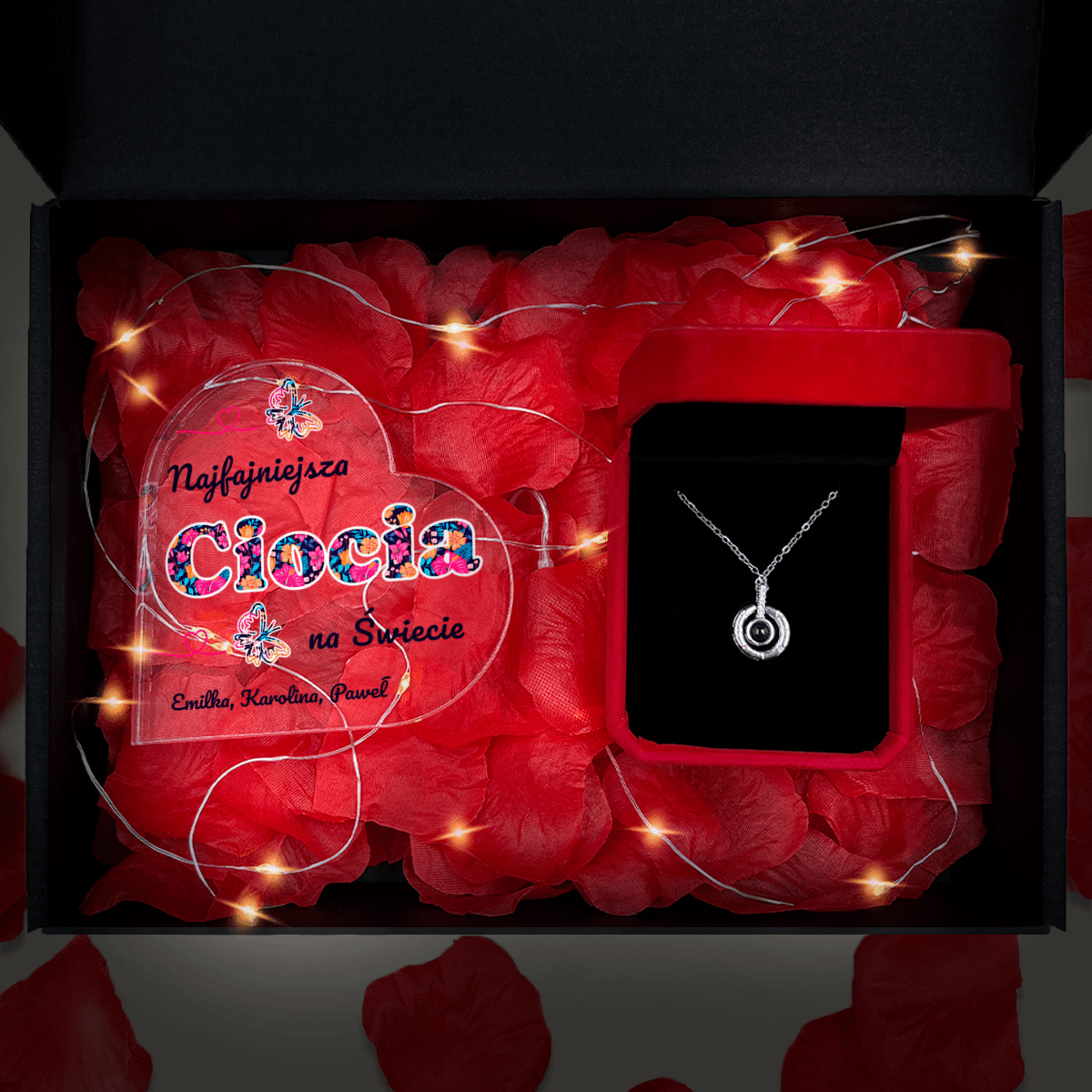 Serce akrylowe NAJFAJNIEJSZA CIOCIA + wisiorek Box 2 w 1 - zestaw prezentowy, spersonalizowany prezent dla cioci - idamell.com