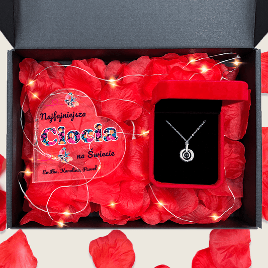 Serce akrylowe NAJFAJNIEJSZA CIOCIA + wisiorek Box 2 w 1 - zestaw prezentowy, spersonalizowany prezent dla cioci - idamell.com