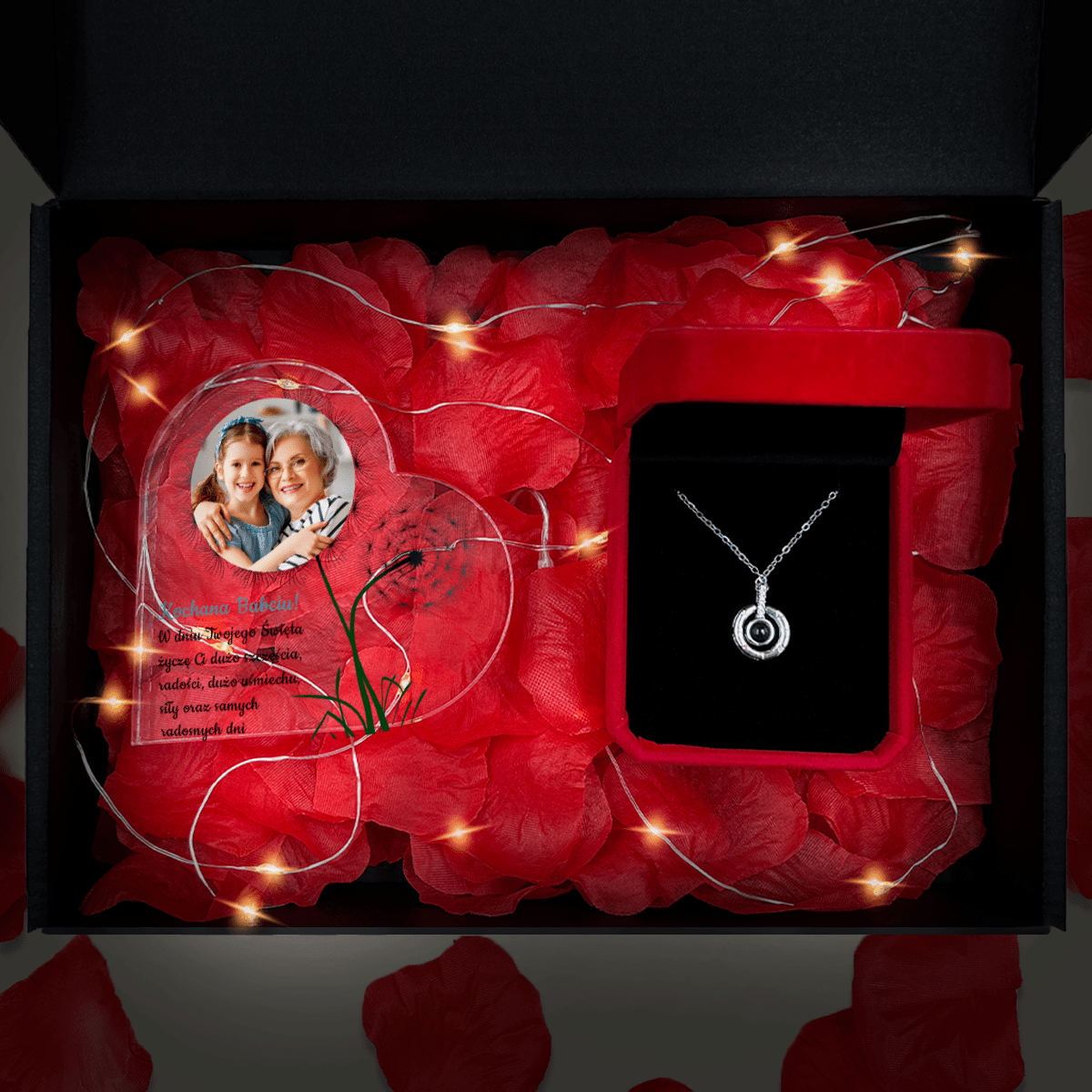Serce akrylowe UKOCHANA BABCIA + wisiorek Box 2 w 1 - zestaw prezentowy, spersonalizowany prezent dla babci - idamell.com