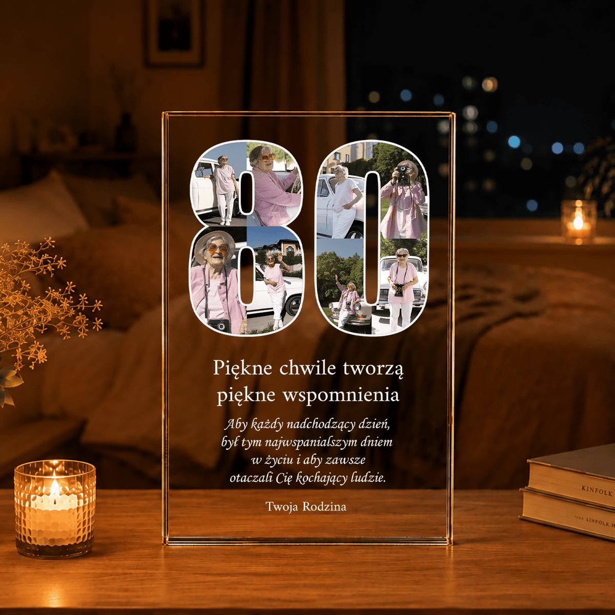 Serdeczne życzenia na 80. - Druk na szkle, spersonalizowany prezent dla babci - idamell.com