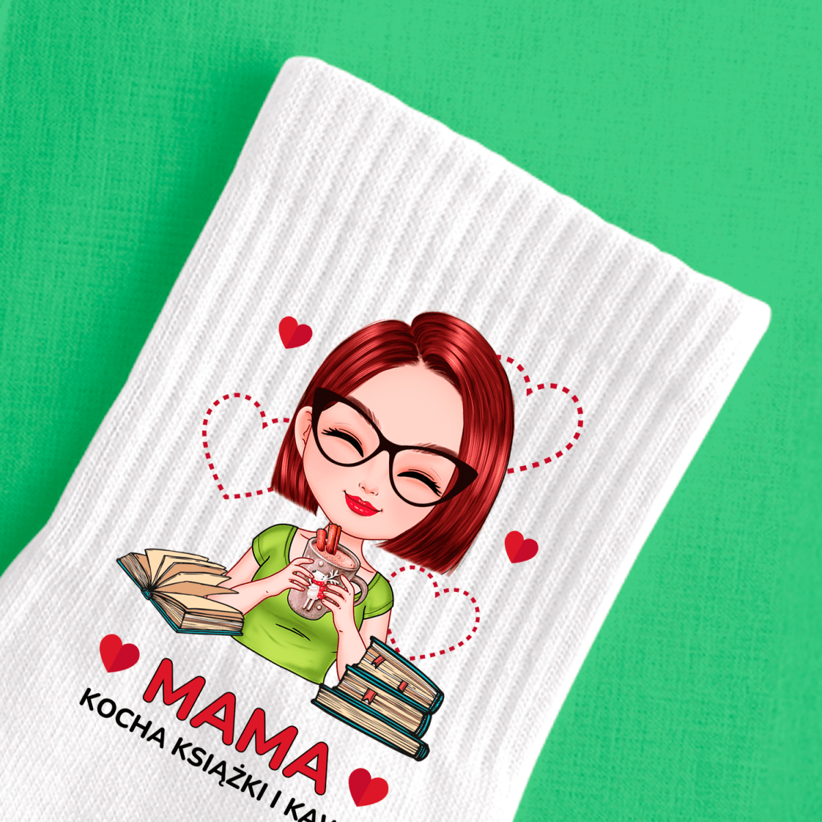 Skarpetki z nadrukiem MAMA KOCHA KSIĄŻKI I KAWĘ - spersonalizowany prezent dla mamy - idamell.com