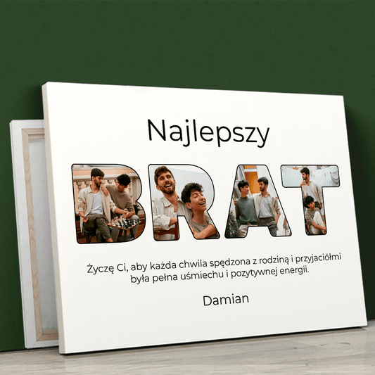 Słowo BRAT kolaż - druk na płótnie, spersonalizowany prezent dla brata - idamell.com