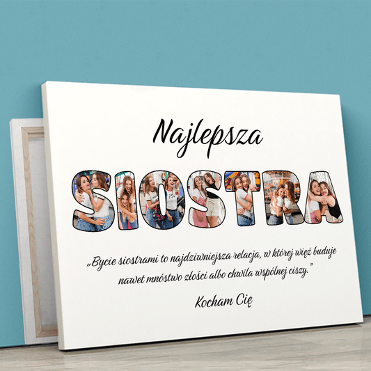 Słowo SIOSTRA kolaż - druk na płótnie, spersonalizowany prezent dla siostry - idamell.com