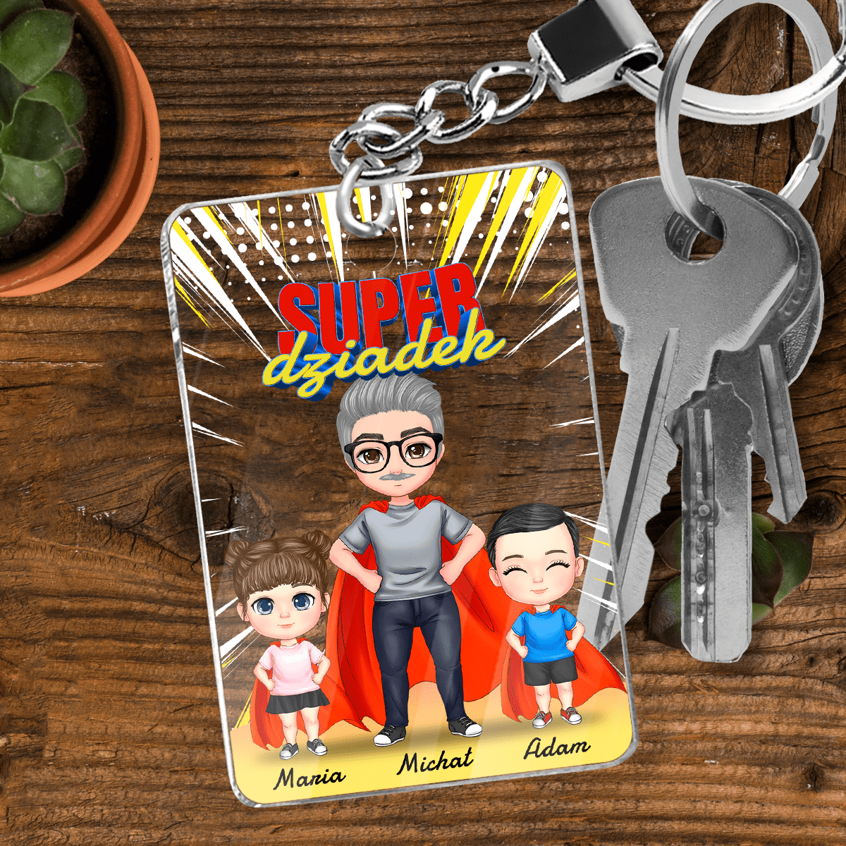 Super dziadek z wnukami - brelok do kluczy, spersonalizowany prezent dla dziadka - idamell.com