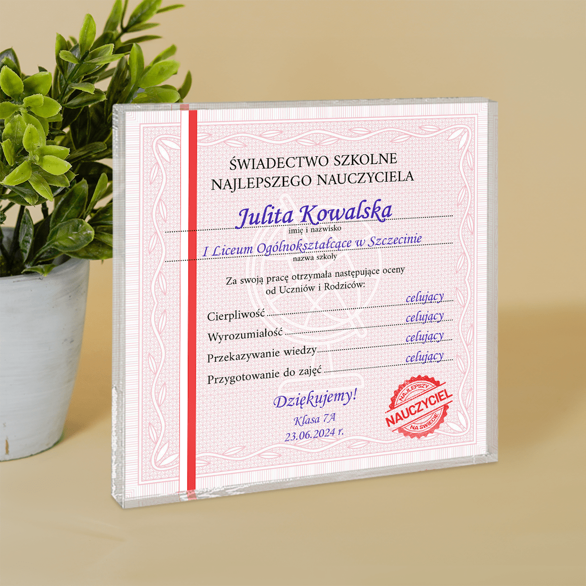Świadectwo szkolne - Druk na kwadratowym szkle, spersonalizowany prezent dla nauczyciela - idamell.com