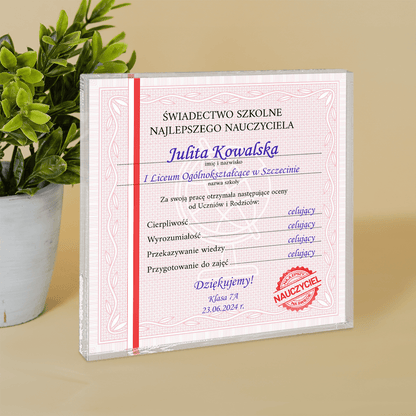 Świadectwo szkolne - Druk na kwadratowym szkle, spersonalizowany prezent dla nauczyciela - idamell.com