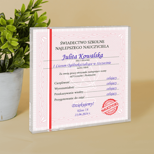 Świadectwo szkolne - Druk na kwadratowym szkle, spersonalizowany prezent dla nauczyciela - idamell.com