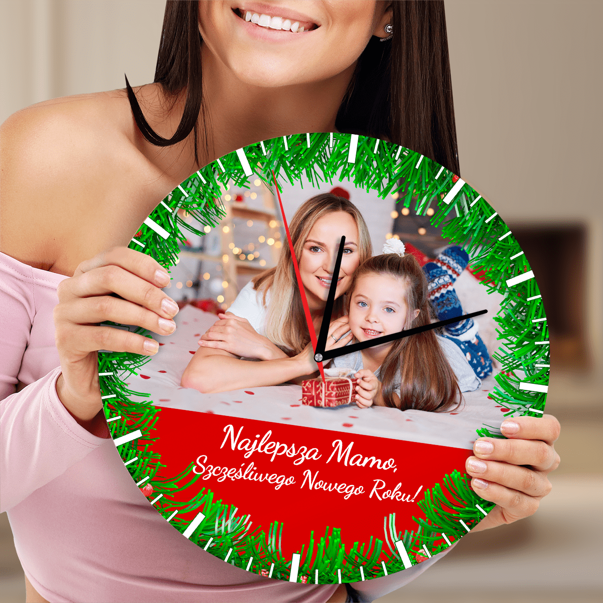 Świąteczne zdjęcie z mamą - zegar ze zdjęciem, spersonalizowany prezent dla mamy - idamell.com