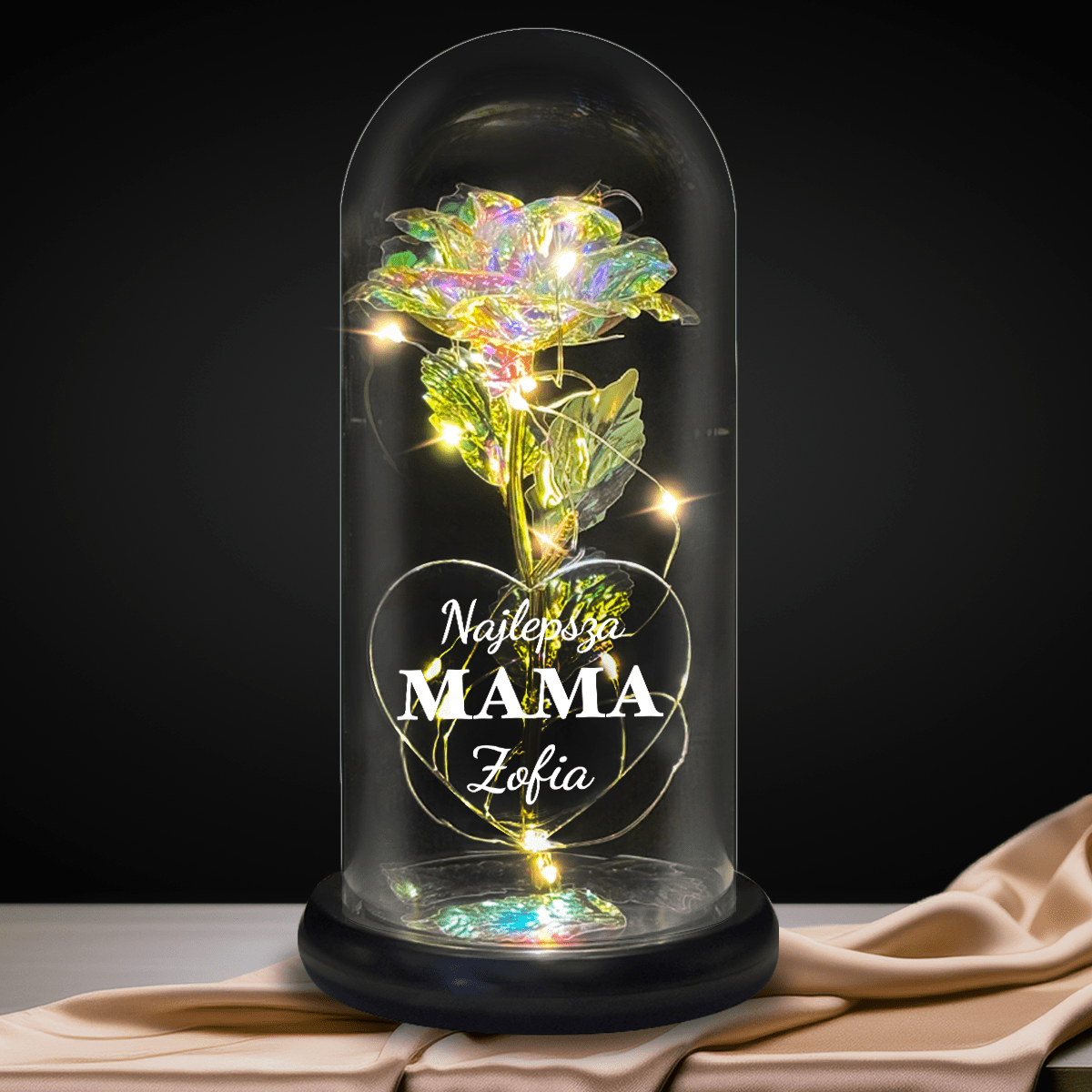Świecąca róża wieczna LED w szkle + spersonalizowane serce NAJLEPSZA MAMA + IMIĘ - idamell.com