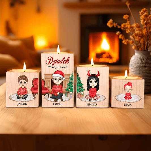Święta dziadka - 4 x Drewniany świecznik, spersonalizowany prezent dla dziadka - idamell.com