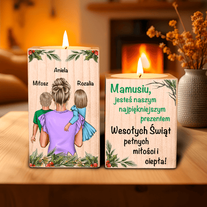 Święta z mamą Clipart - 2 x Drewniany świecznik, spersonalizowany prezent dla mamy - idamell.com