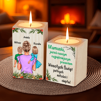 Święta z mamą Clipart - 2 x Drewniany świecznik, spersonalizowany prezent dla mamy - idamell.com