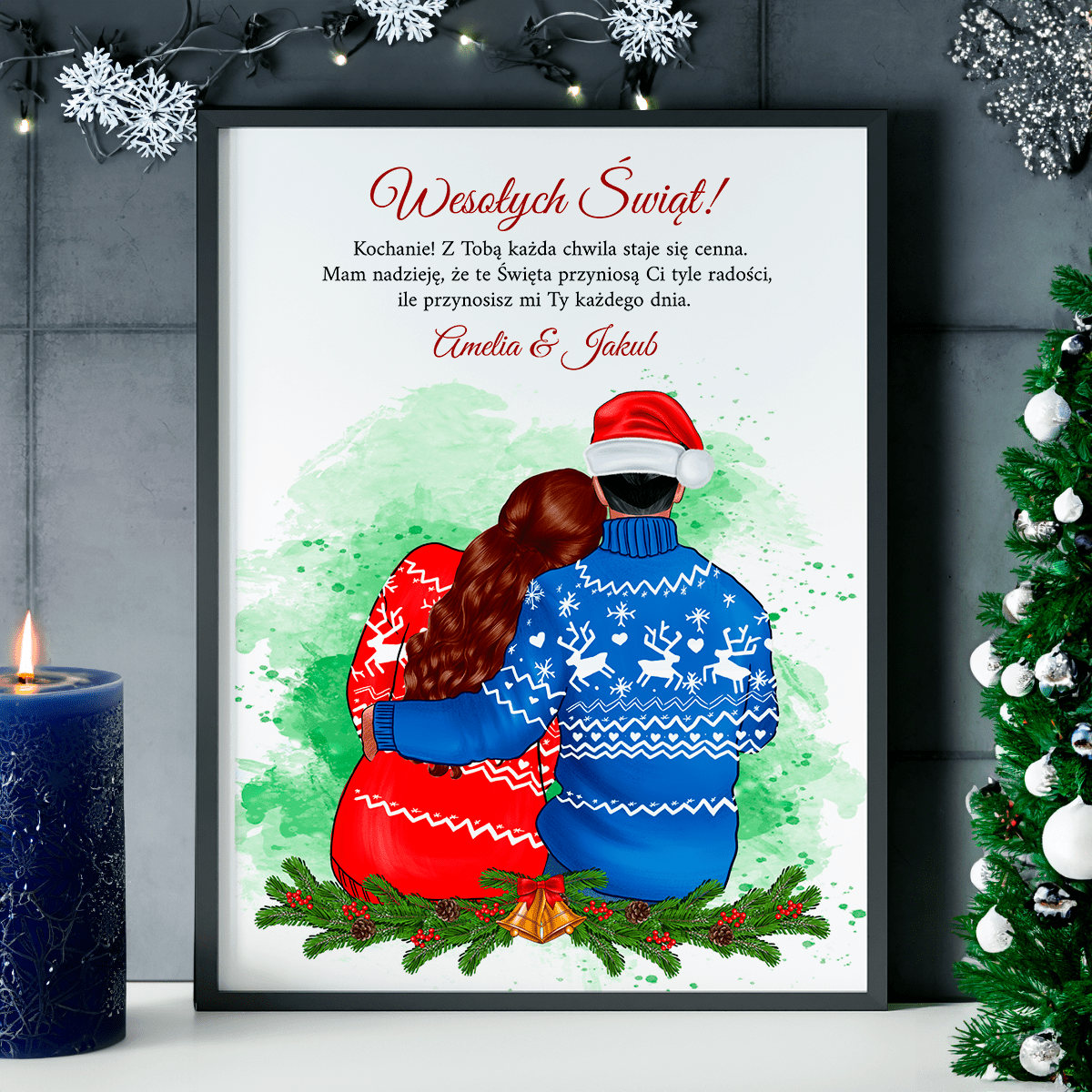 Szczęśliwa para w Święta Clipart - plakat, spersonalizowany prezent dla męża - idamell.com