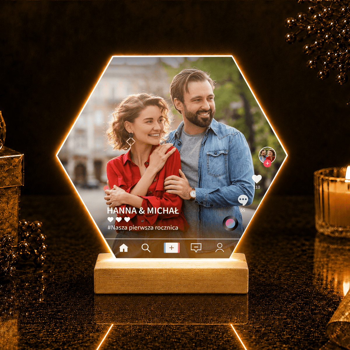 Sześciokątne zdjęcie pary Tik Tok - Druk na szkle, spersonalizowany prezent dla pary - idamell.com