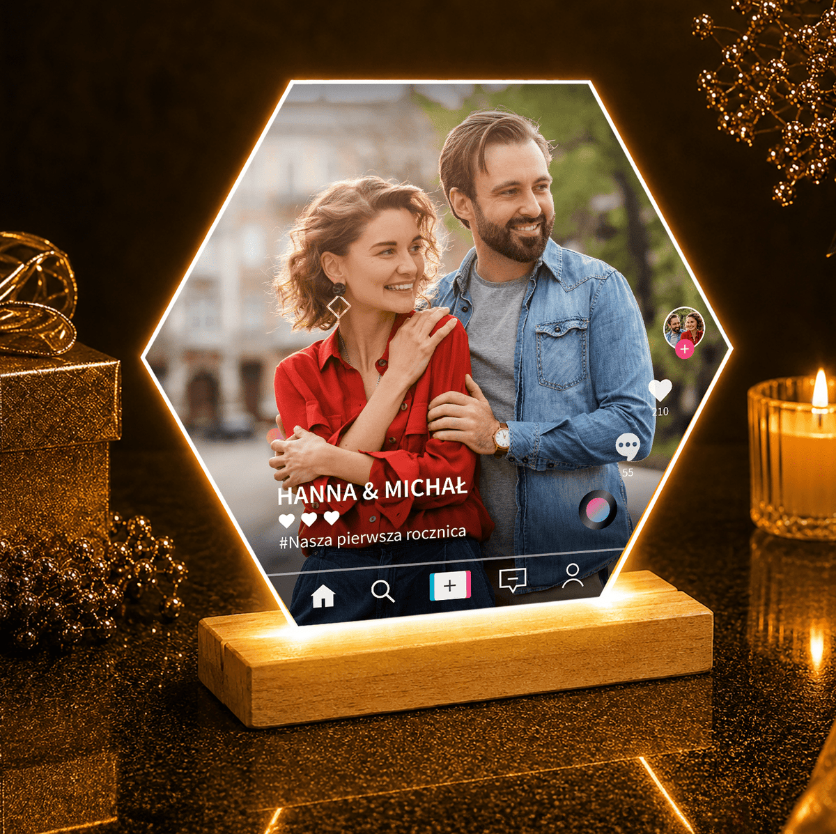 Sześciokątne zdjęcie pary Tik Tok - Druk na szkle, spersonalizowany prezent dla pary - idamell.com