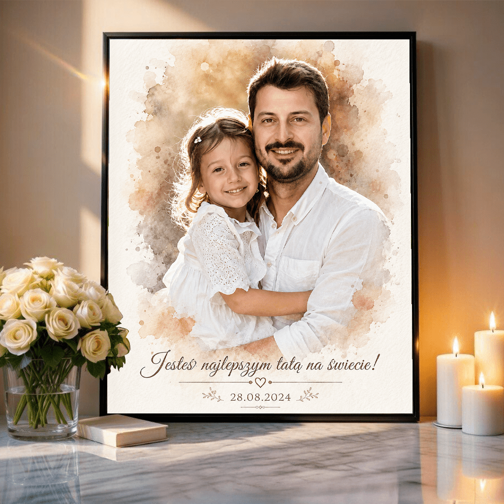 Tata i dziecko portret watercolour - plakat, spersonalizowany prezent dla taty - idamell.com