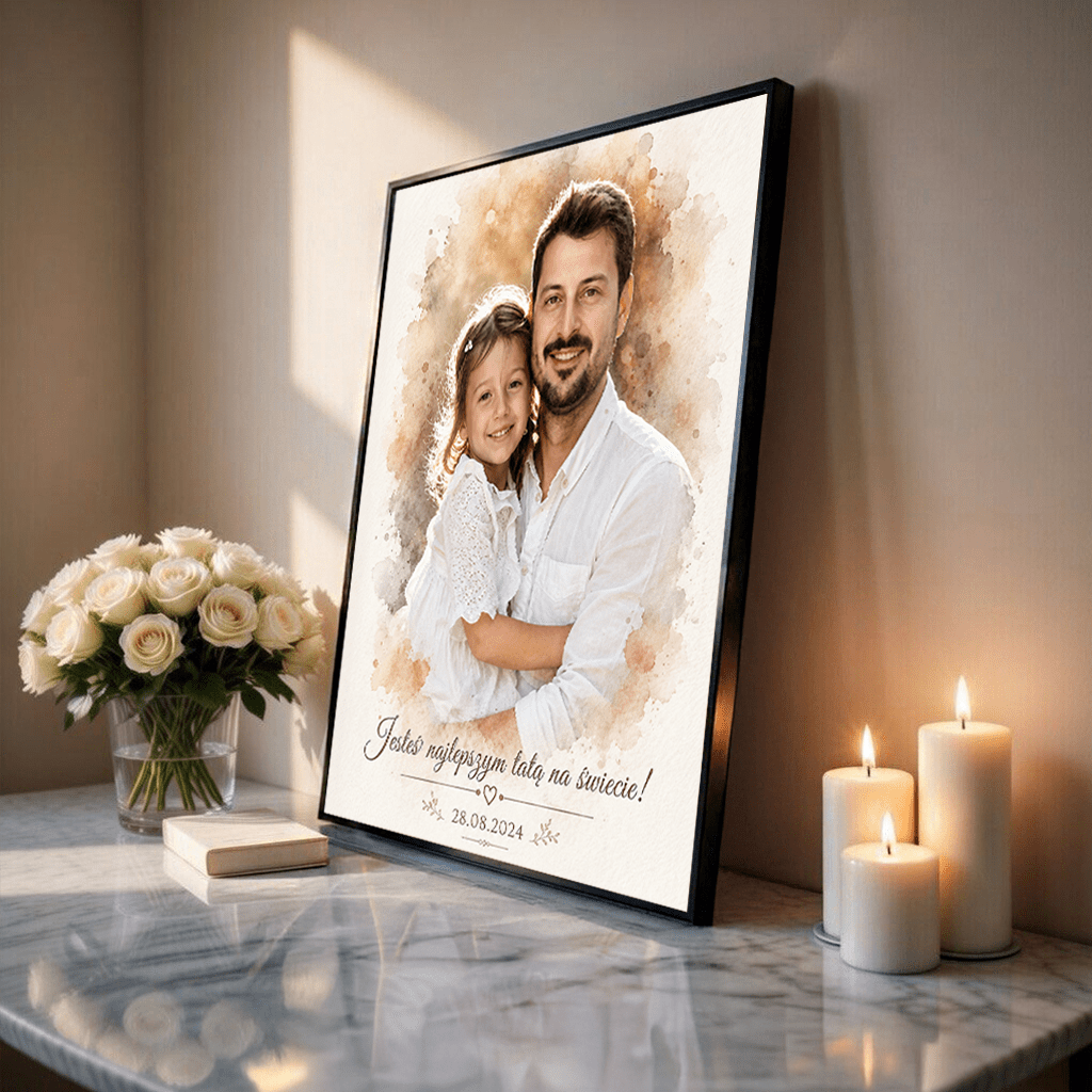 Tata i dziecko portret watercolour - plakat, spersonalizowany prezent dla taty - idamell.com