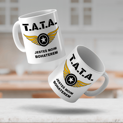 Tata moim bohaterem - 1x Kubek z nadrukiem, spersonalizowany prezent dla taty - idamell.com