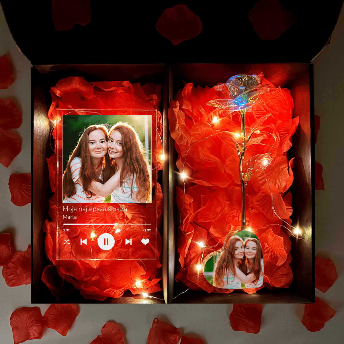 Tęczowa róża wieczna LED w sercu + druk na szkle WSPANIAŁA SIOSTRA BOX 2 w 1 - idamell.com