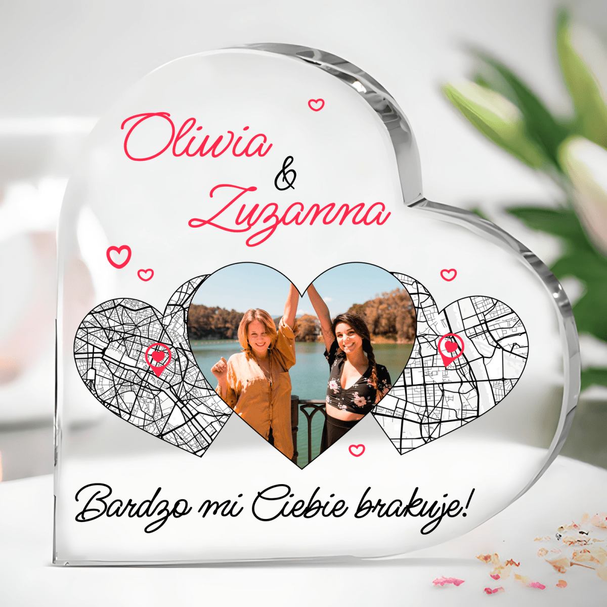 Tęsknie za Tobą - Szklane serce, spersonalizowany prezent dla niej - idamell.com