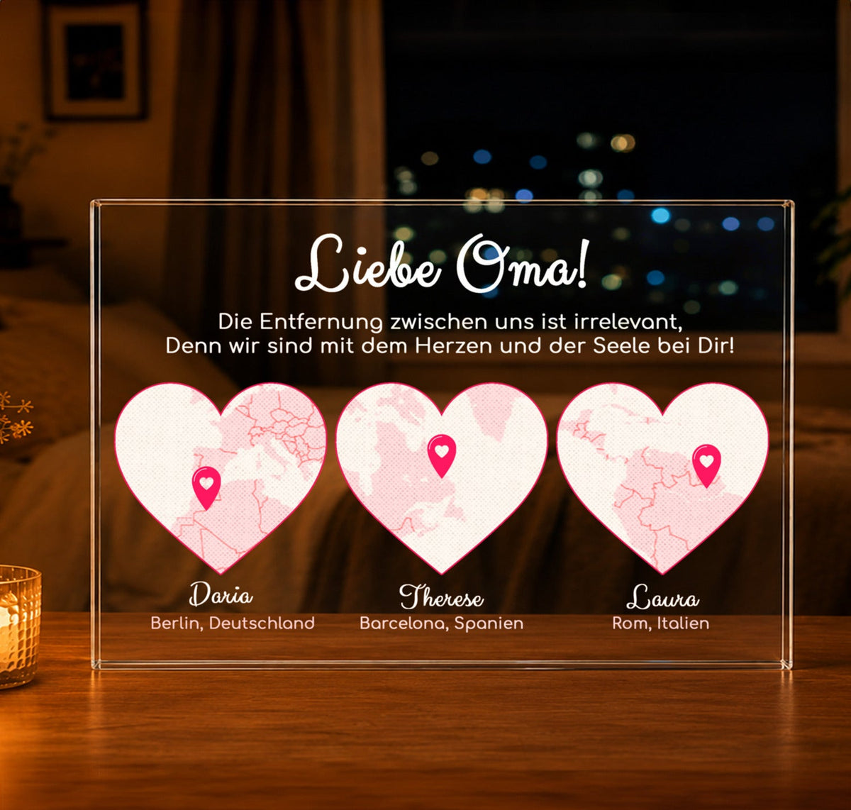 Trzy serca dla babci - Druk na szkle, spersonalizowany prezent dla babci - idamell.com