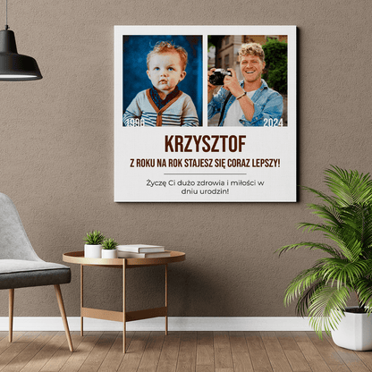 Urodzinowe zdjęcie kiedyś i dziś - druk na płótnie, spersonalizowany prezent na urodziny - idamell.com