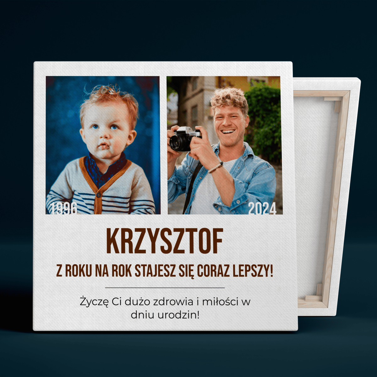 Urodzinowe zdjęcie kiedyś i dziś - druk na płótnie, spersonalizowany prezent na urodziny - idamell.com
