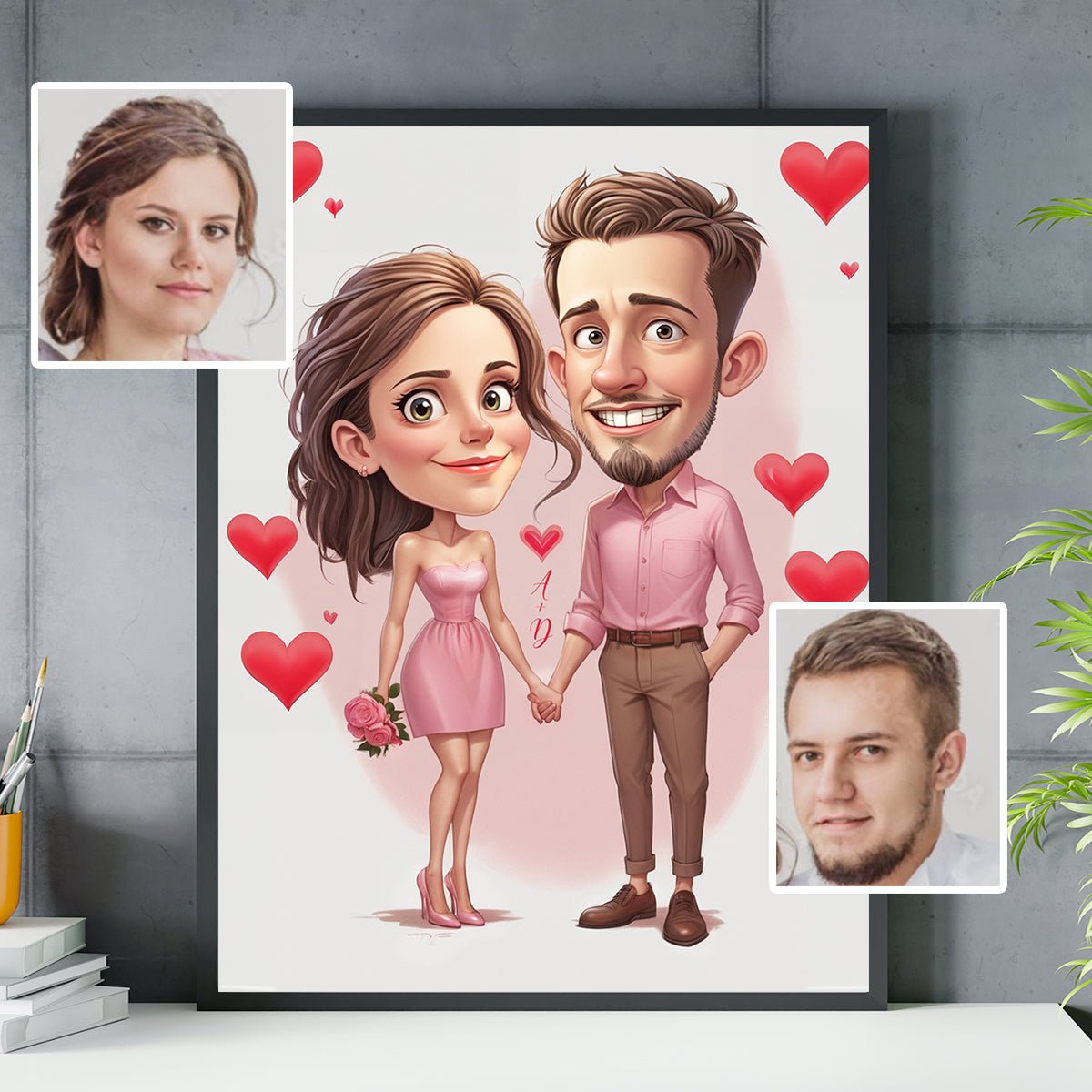 Walentynkowa karykatura - plakat, spersonalizowany prezent dla pary - idamell.com