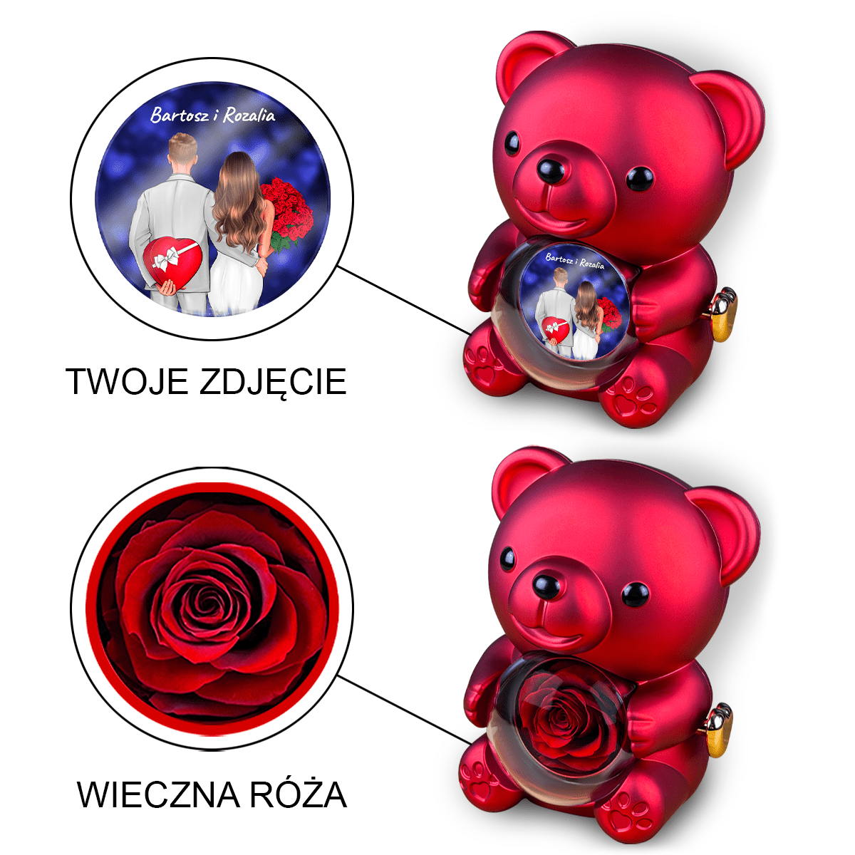 Walentynkowy Clipart + imiona - Miś z różą wieczną i wydrukiem, spersonalizowany prezent dla pary - idamell.com