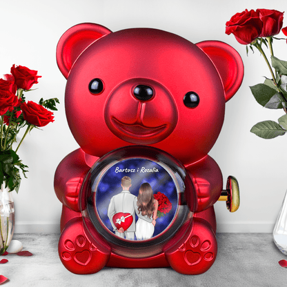 Walentynkowy Clipart + imiona - Miś z różą wieczną i wydrukiem, spersonalizowany prezent dla pary - idamell.com
