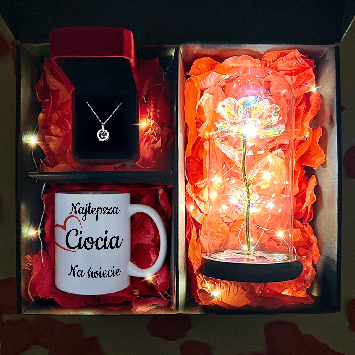 Wieczna róża + kubek z nadrukiem DLA CIOCI + wisiorek box 3 w 1 - zestaw prezentowy, spersonalizowany prezent dla cioci - idamell.com