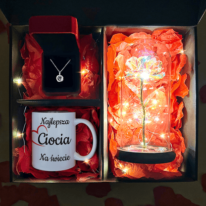 Wieczna róża + kubek z nadrukiem DLA CIOCI + wisiorek box 3 w 1 - zestaw prezentowy, spersonalizowany prezent dla cioci - idamell.com