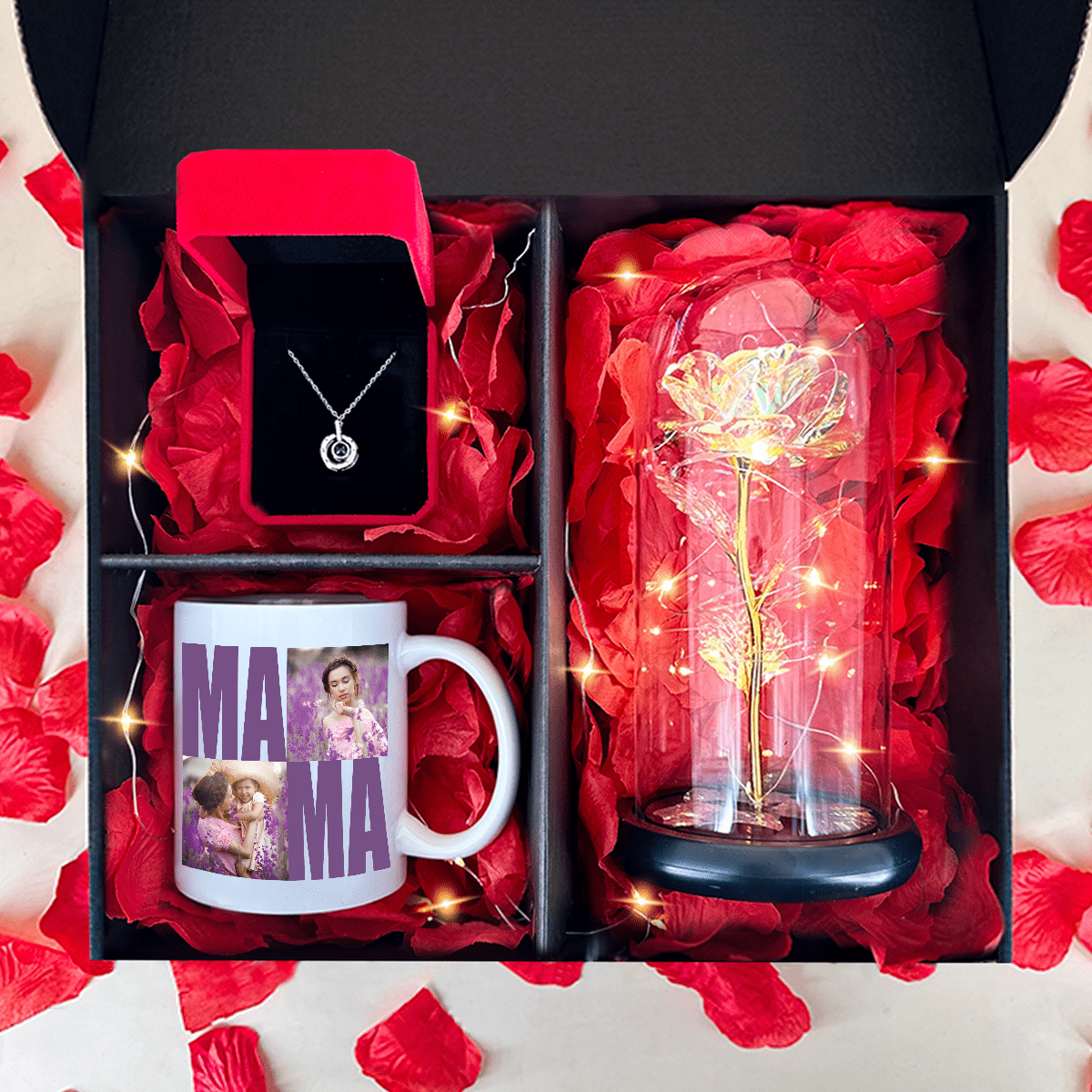 Wieczna róża + kubek z nadrukiem MOJA MAMA + wisiorek box 3 w 1 - zestaw prezentowy, spersonalizowany prezent dla mamy - idamell.com