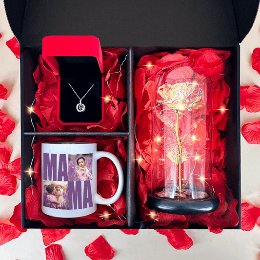 Wieczna róża + kubek z nadrukiem MOJA MAMA + wisiorek box 3 w 1 - zestaw prezentowy, spersonalizowany prezent dla mamy - idamell.com
