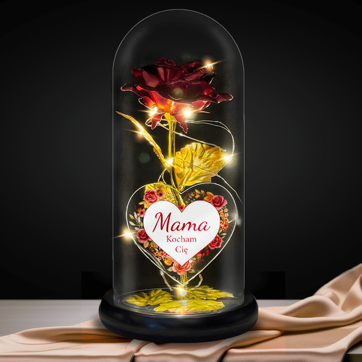 Wieczna róża w szkle LED + spersonalizowane serce KOCHAM CIĘ - idamell.com