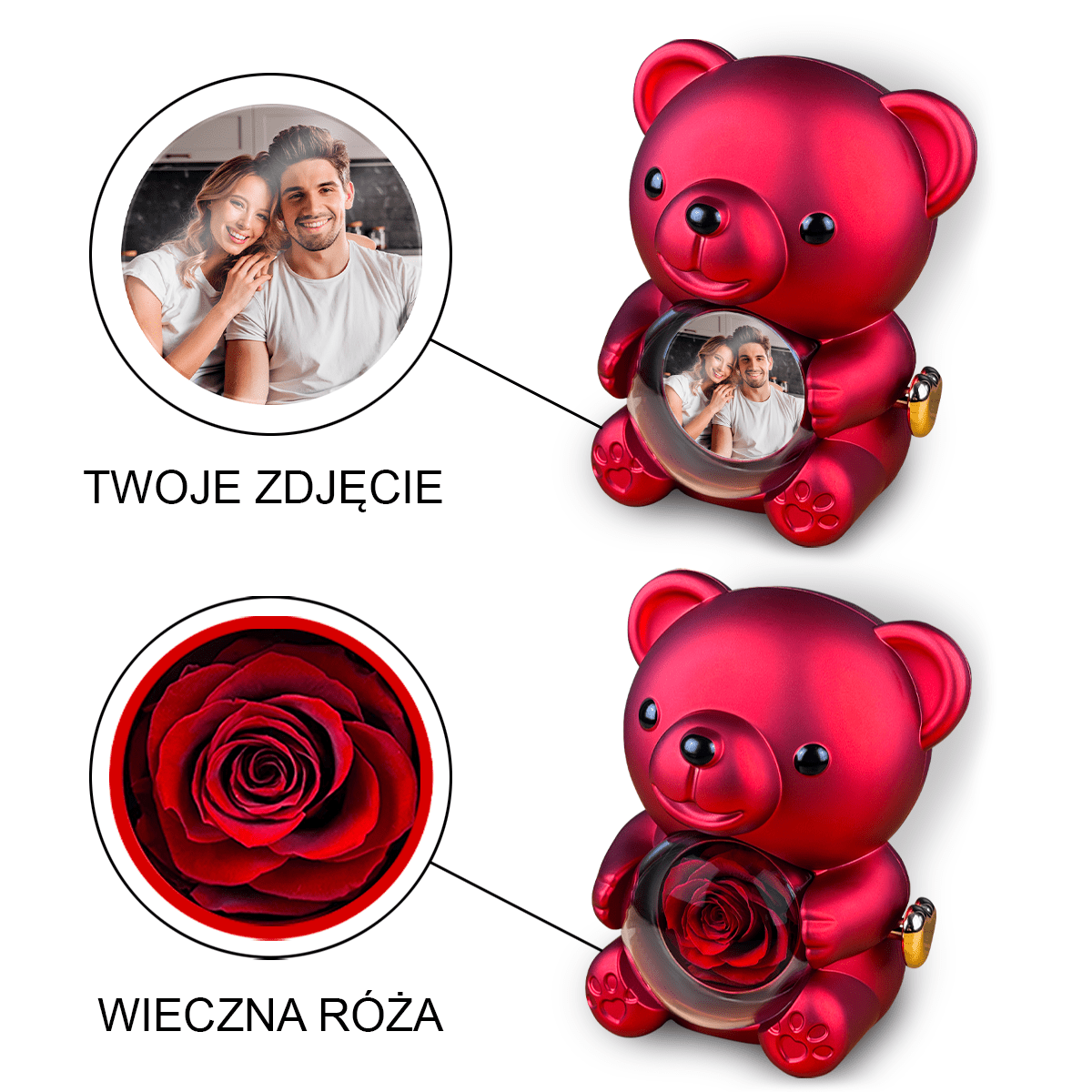 Zakochana para - Miś z różą wieczną i wydrukiem, spersonalizowany prezent dla pary - idamell.com