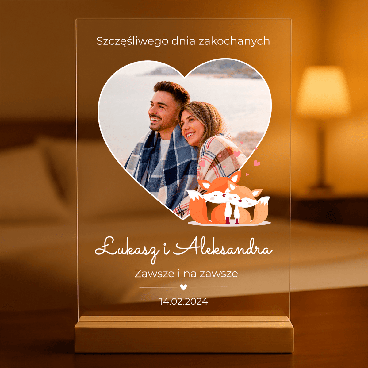 Zakochane lisy + zdjęcie - Druk na szkle, spersonalizowany prezent dla niej - idamell.com