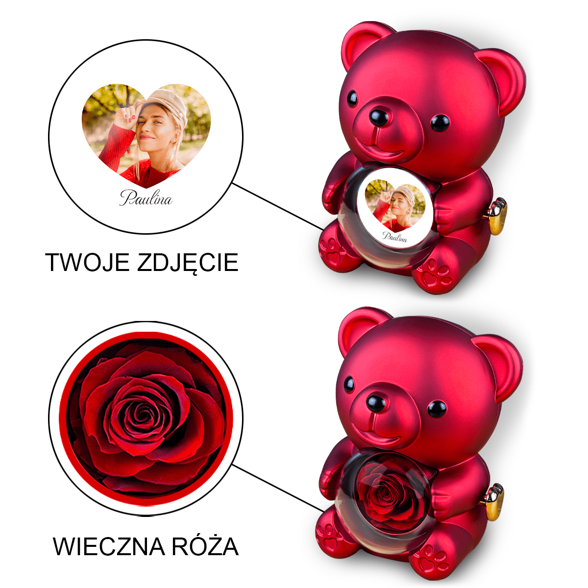 Zdjęcie dziewczyny + jej imię - Miś z różą wieczną i wydrukiem, spersonalizowany prezent dla niej - idamell.com