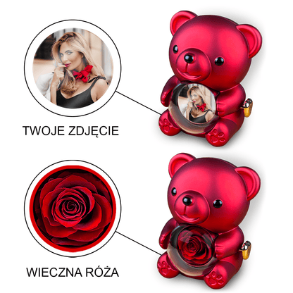 Zdjęcie dziewczyny - Miś z różą wieczną i wydrukiem, spersonalizowany prezent dla niej - idamell.com