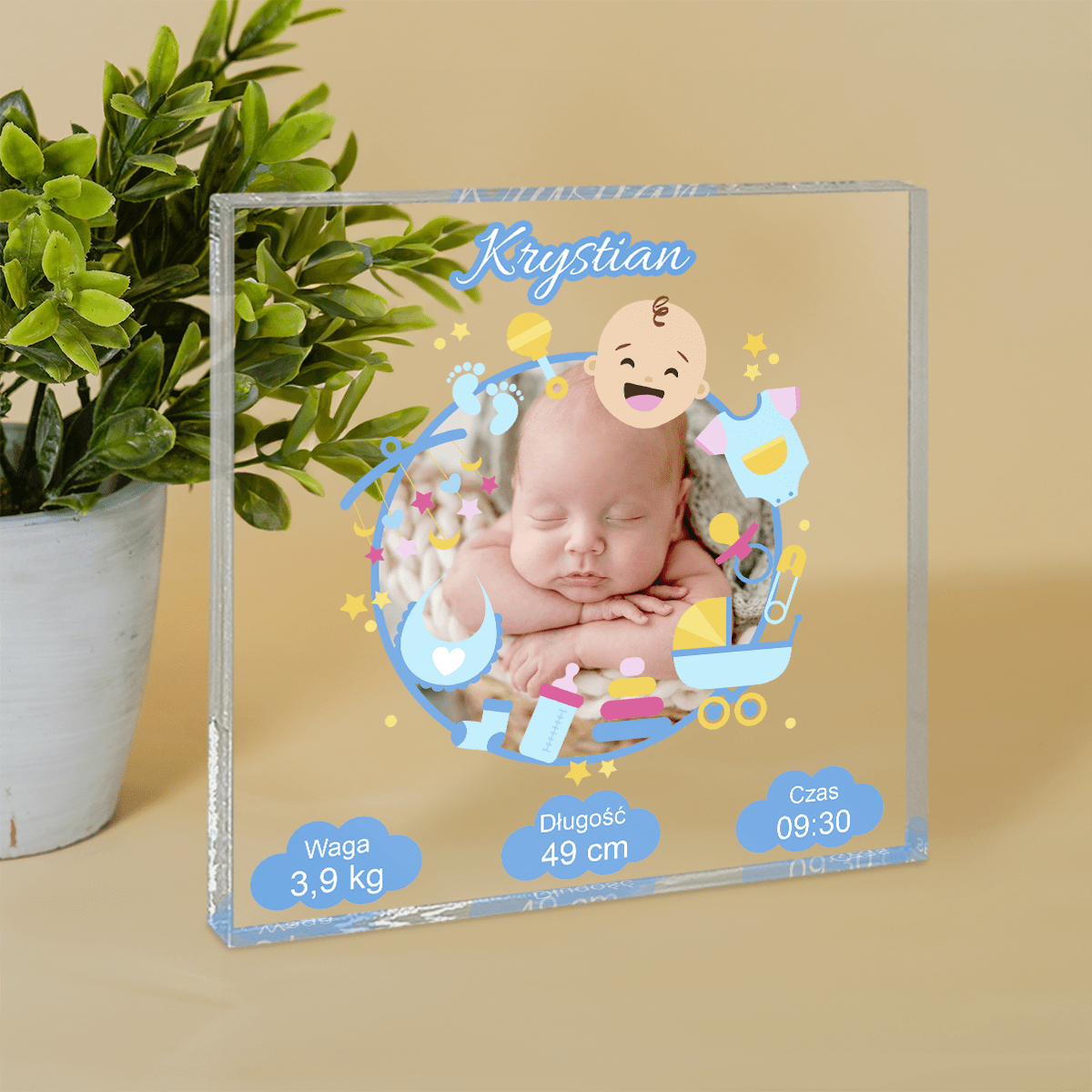 Zdjęcie noworodka + metryczka - Druk na kwadratowym szkle, spersonalizowany prezent dla dziecka - idamell.com