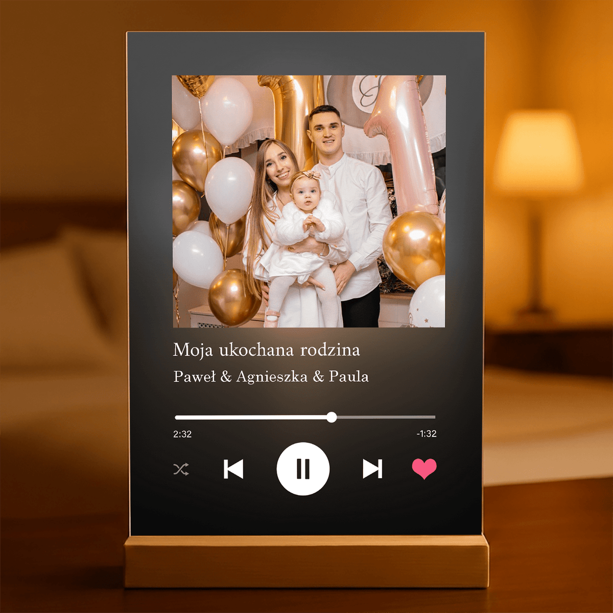 Zdjęcie pary i dziecka + Spotify - druk na szkle akrylowym, personalizowany prezent dla męża - idamell.com