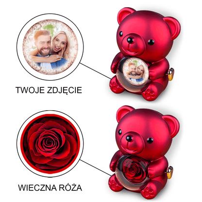 Zdjęcie pary z tłem - Miś z różą wieczną i wydrukiem, spersonalizowany prezent dla niego - idamell.com
