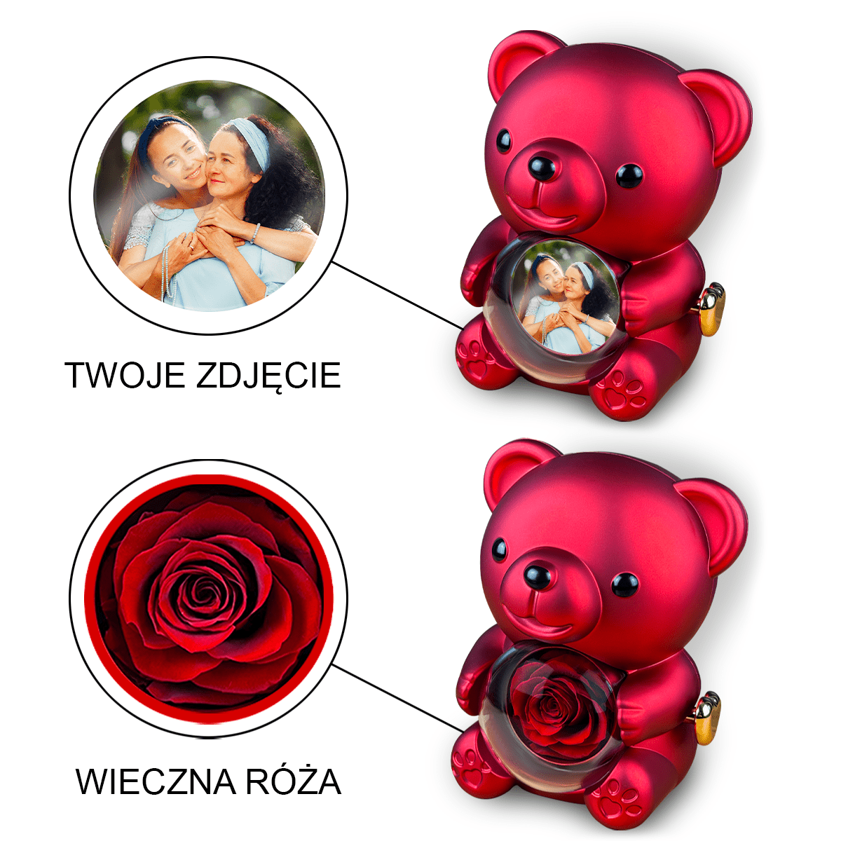 Zdjęcie z mamą - Miś z różą wieczną i wydrukiem, spersonalizowany prezent dla mamy - idamell.com